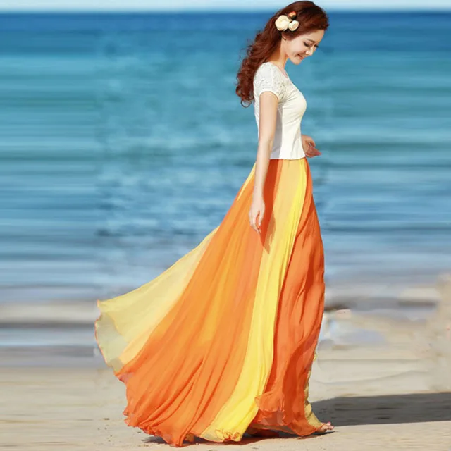 

2018 Elastic High Waist Women Plus Size Maxi Boho Skirts Patchwork Summer Chiffon Long Ruffles Hem Elegant Skirt