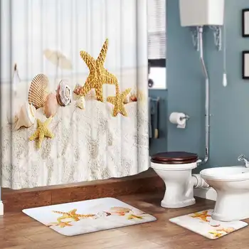 

3pcs/set Shell-Starfish Seascape Bath Mat Bath Curtain Set Toilet Floor Rug Bathroom Mats Antiskid Anti-slip 180x180cm