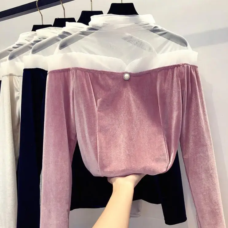 2022 New Korean Fashion Spring Women's Sweet Gauze Splice Long Sleeve Blouse Female High Collar Velvet Shirt Basic Tops