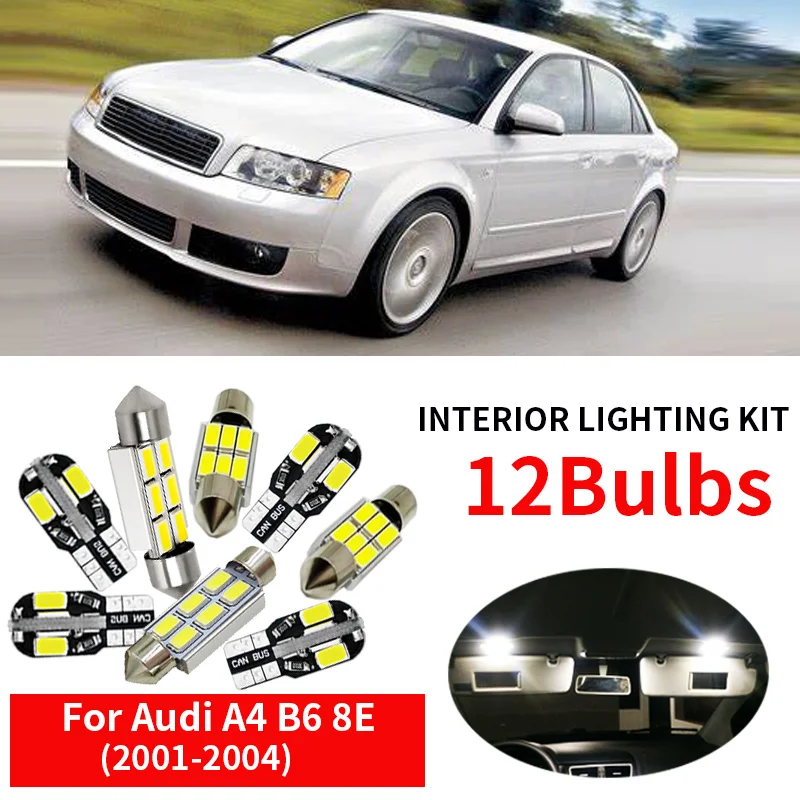 

12pc White Canbus Car LED Light Bulbs Interior Package Kit For 2001 2002 2003 2004 AUDI A4 B6 8E Led Map Dome License Plate Lamp