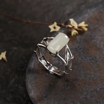 

New Hot Elegant 925 sterling silver Ring For Wedding Gift Natural White Jade bamboo Adjustable Ring Jewelry Original Design