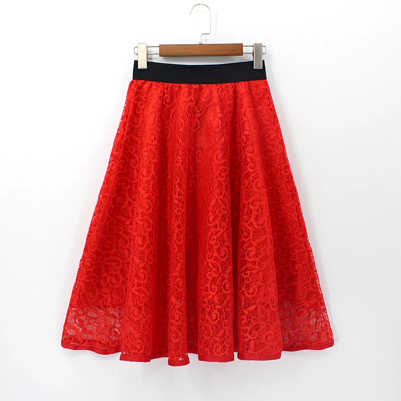 

2018 Hollow Out Lace Floral Embroidered Skirts Tutu Women Red Skirt Vintage High Waist Midi Ball Gown