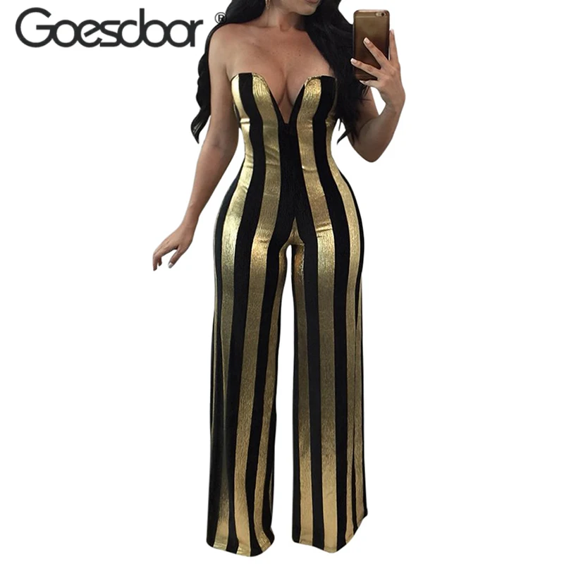 GOESDOOR Gold Balck Striped Rompers Womens Jumpsuit Elegant Strapless