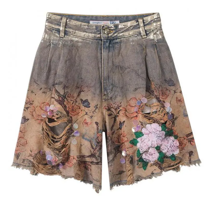 

Summer Fashion Womens Ripped Hole Hot Stampping Colored Denim Shorts , Loose Sequined Distressed Tassel Jeans Shorts For Woman