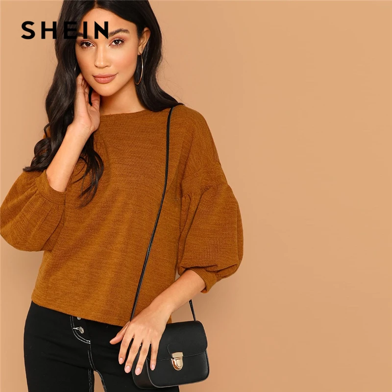 

SHEIN Brown Casual Solid Round Neck Half Lantern Sleeve Marled Tee Autumn Office Lady Workwear Women Tshirt And Top