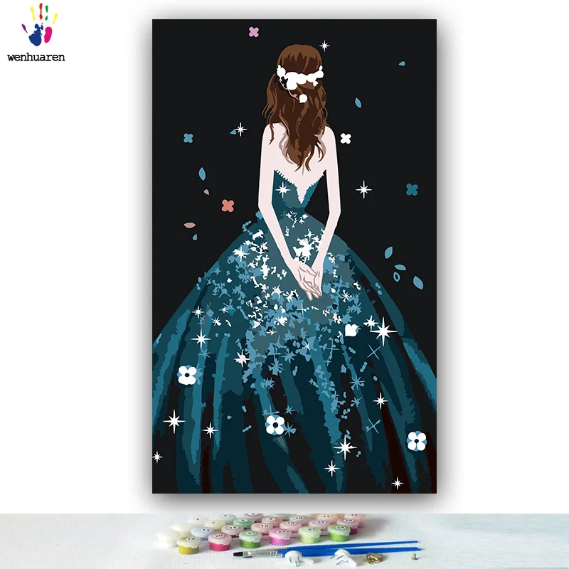 Diy Colorings Pictures By Numbers With Colors Girl In Blue Dress Back View Picture Drawing Painting By Numbers Framed Home