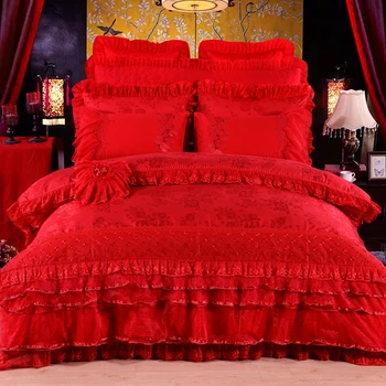

2018 Silk Cotton Satin Jacquard Feel love Luxury Wedding Bedding Set Lace Duvet Cover Set Bedspread Queen King size 4/6/8/10pcs