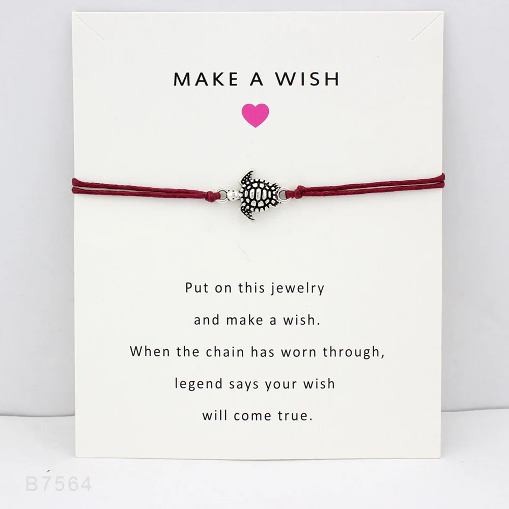

1PC Fashion Silver Turtle Charm Bracelets For Women Girls With Make A Wish Card Bracelet Lucky String Bangles 7337-7340