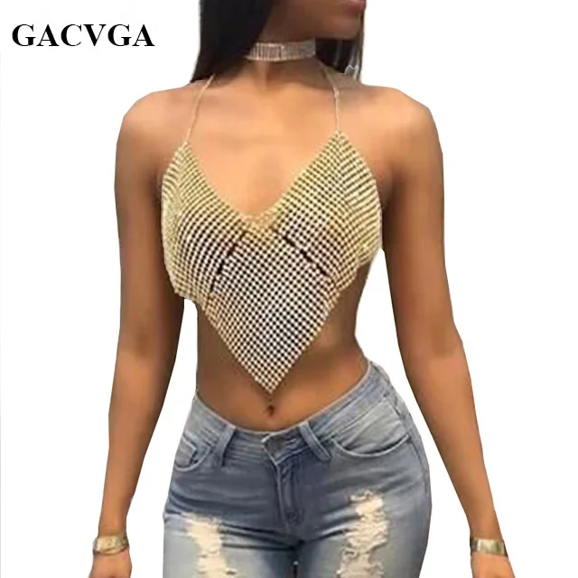 GACVGA, укороченный топ с треугольными бриллиантами, Кристальные летние топы на бретелях, блестящие женские сексуальные топы с открытой спиной для ночного клуба
