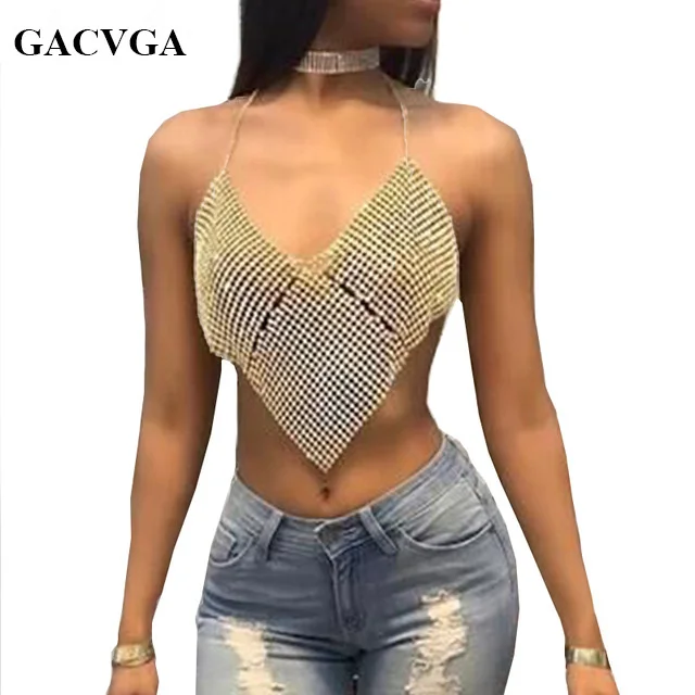 Gacvga 2018 Triangle Diamonds Crop Top Crystal Halter -4083