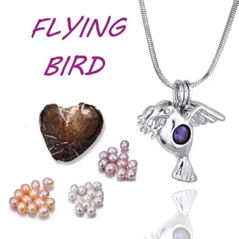 

Flying bird Cage Pendant snake chain Set New Fashion Silver Plated natural oyster Pearl Creative Animal Shape Jewelry Gifts PO34