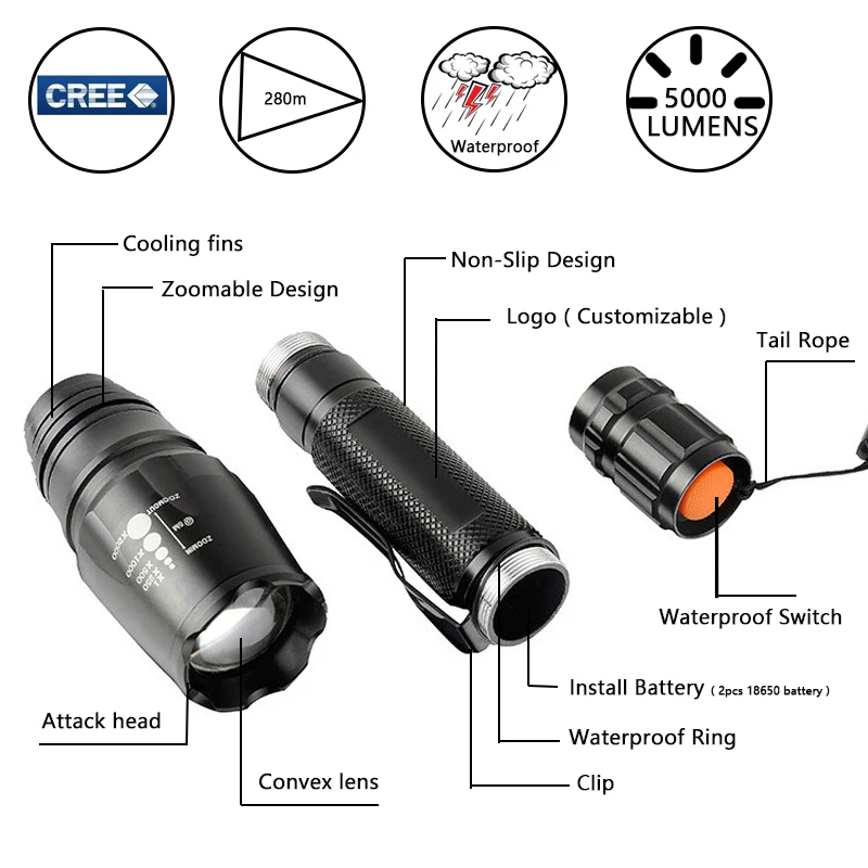 Z35 светодиодный фонарь, 10000лм CREE XM-L2/T6, масштабируемый светодиодный фонарь, 2x18650 батареи, алюминиевый фонарь для охоты