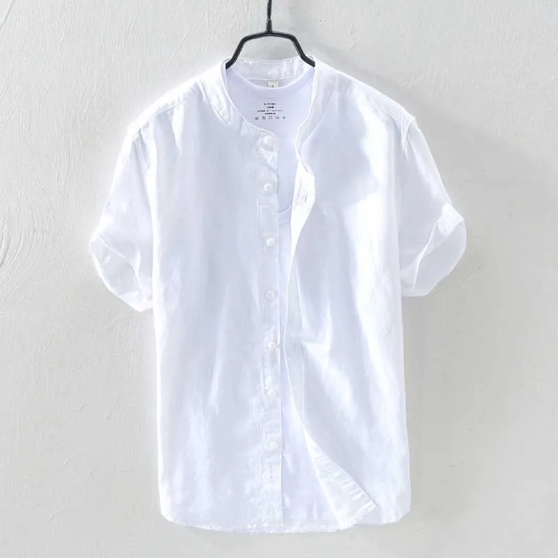 

Summer Fashion Cotton Linen Shirt Short Sleeve Men Casual Slim Shirts Round Stand Collar Soft Male Clothes