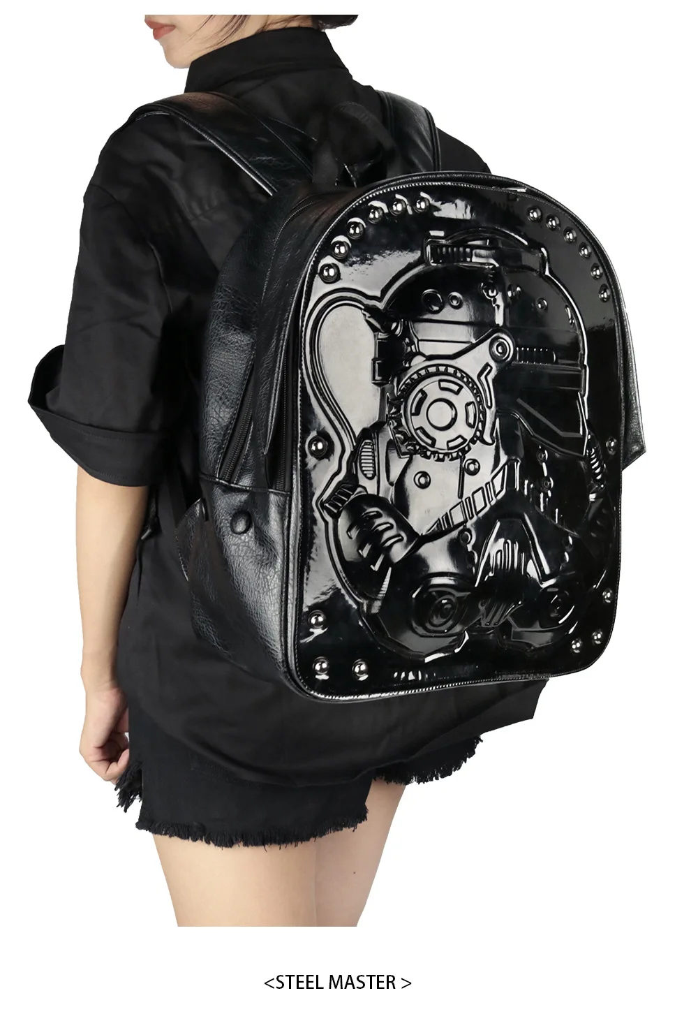Новинка, черный рюкзак из искусственной кожи в стиле панк для мужчин и женщин, большой рюкзак для мотоциклистов, дорожная сумка, повседневный рюкзак в стиле стимпанк, школьная сумка