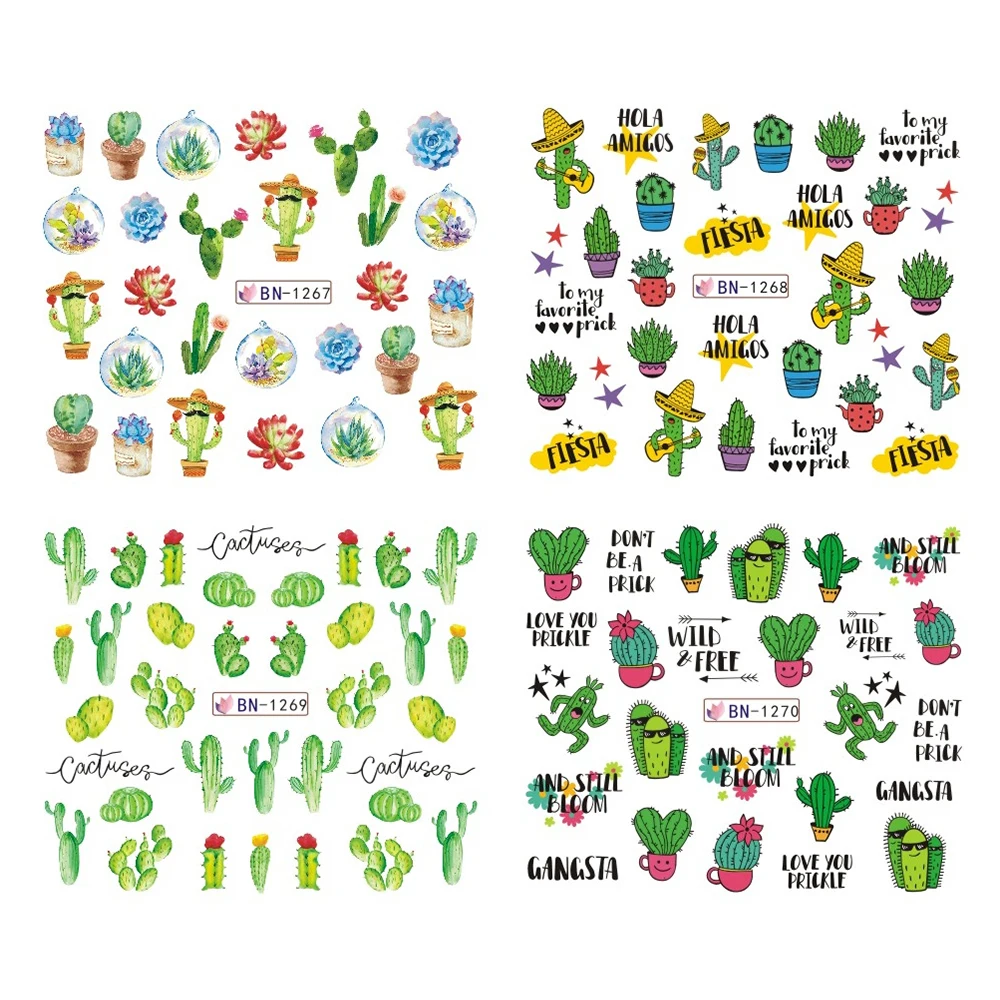 12 видов конструкций кактус водяные наклейки для ногтей наклейки зеленые растения лист водяных знаков хлопья слайдер татуировки дизайн ногтей украшения LABN1261-1272