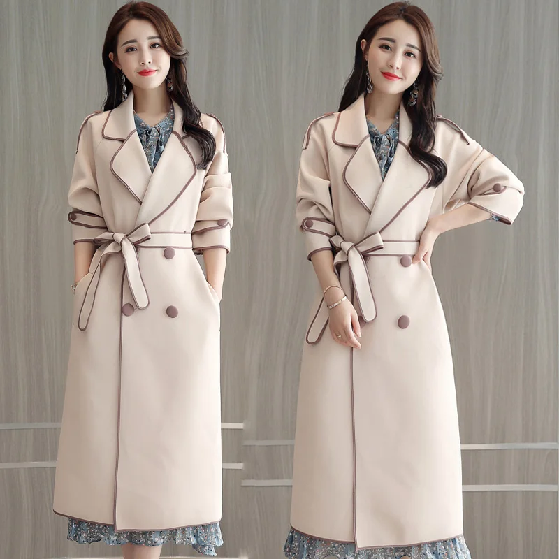 New fashion Autumn Winter british style Overcoat Women Long slim Solid Turn-Down Collar Trench Femme double breasted Outwear