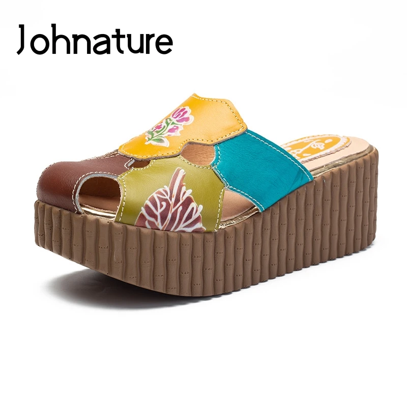 

Johnature Summer Sandals Genuine Leather Mixed Colors Outside Platform Slides Flower Wedges National Style Women Shoes Slippers