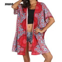 SHUJIN Лето 2019 г. для женщин свободные длинные этнический кардиган кимоно Плавание пляжная одежда Boho Девушка топы корректирующие Kimomo кардиган