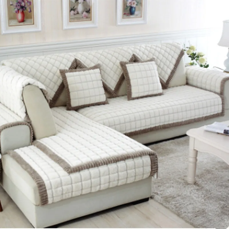 Branco Cinza Xadrez Capa De Sofá Pelúcia Longo Pele Slipcovers Branco Cinza Xadrez Capa De Sofá