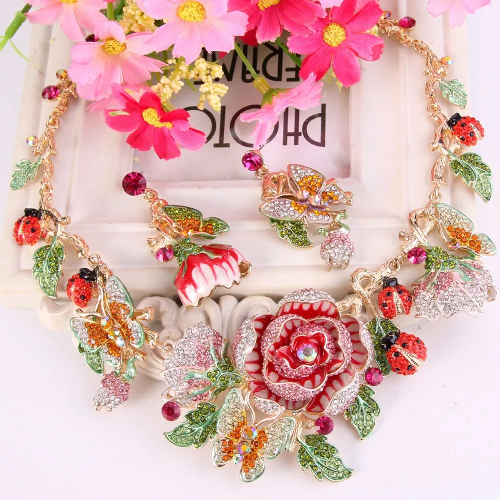 Bella Fashion Rose Flower Necklace Earrings Set Austrian Crystal Butterfly Ladybug Animal Insect