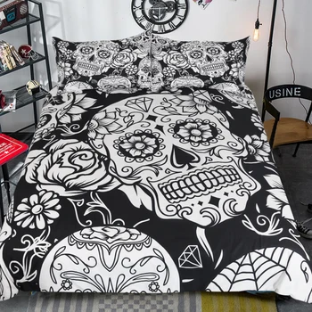

100% Polyester 3Pcs Skeleton Bedding Black White Skull Bedding Set Quilt Cover Set Twin Full Queen King Size duvet cover sets