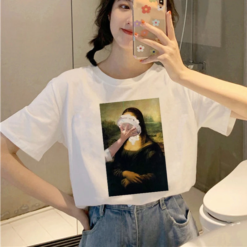 Мона Лиза гранж Харадзюку Футболка женская Ullzang Эстетическая забавная мультяшная футболка 90s графическая Винтажная футболка корейский Топ тройник женский - Цвет: 6308