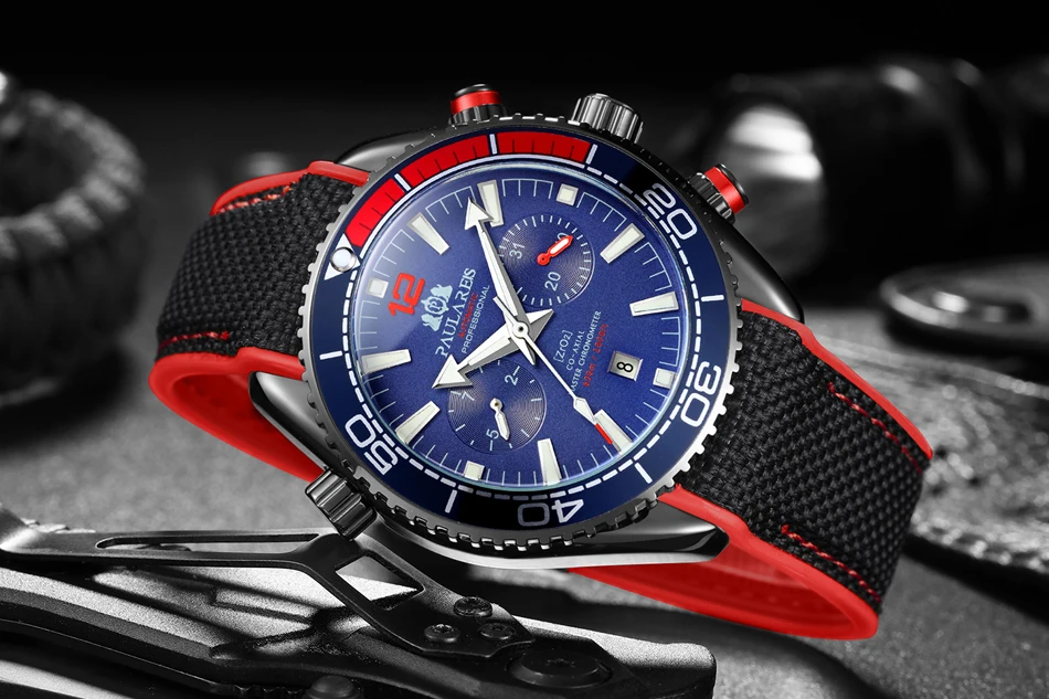 Мужские автоматические механические холщовые часы с резиновым ремешком James Bond 007, стильные многофункциональные часы с датой и месяцем, цвет оранжевый, синий, красный