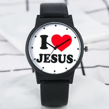 Привлекательные кварцевые часы серии I Love Jesus, выразительные черные часы из искусственной кожи с большим круглым циферблатом, наручные часы унисекс, подарок