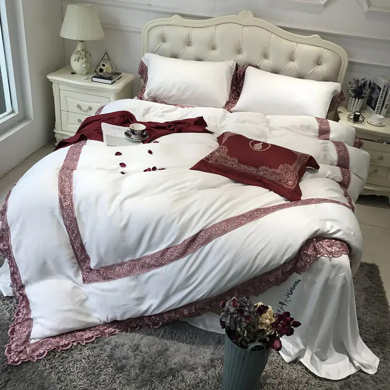 

5-Pieces High precision embroidery tencel Luxury Bedding Set King Size Queen Size Bed Set lace Duvet Cover Bed Sheet