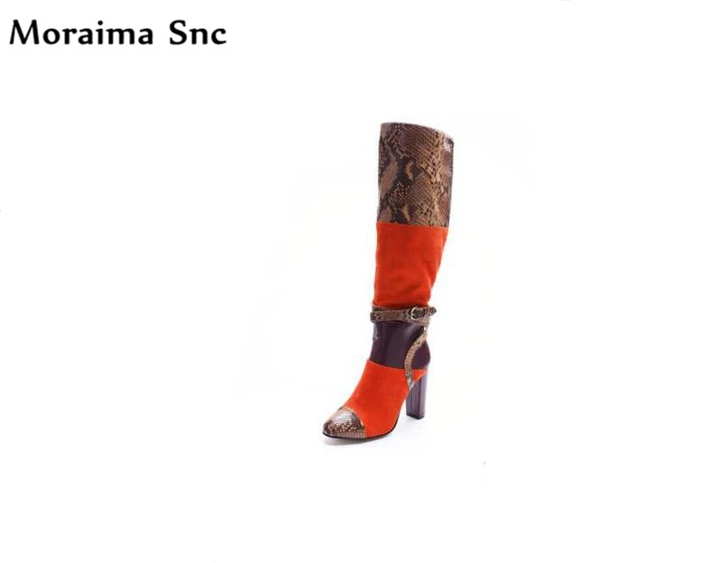 

Moraima Snc Sexy women Riding Boots mixed colors Round toe patchwork Knee-high vintage suede snake line Ankle strap buckle