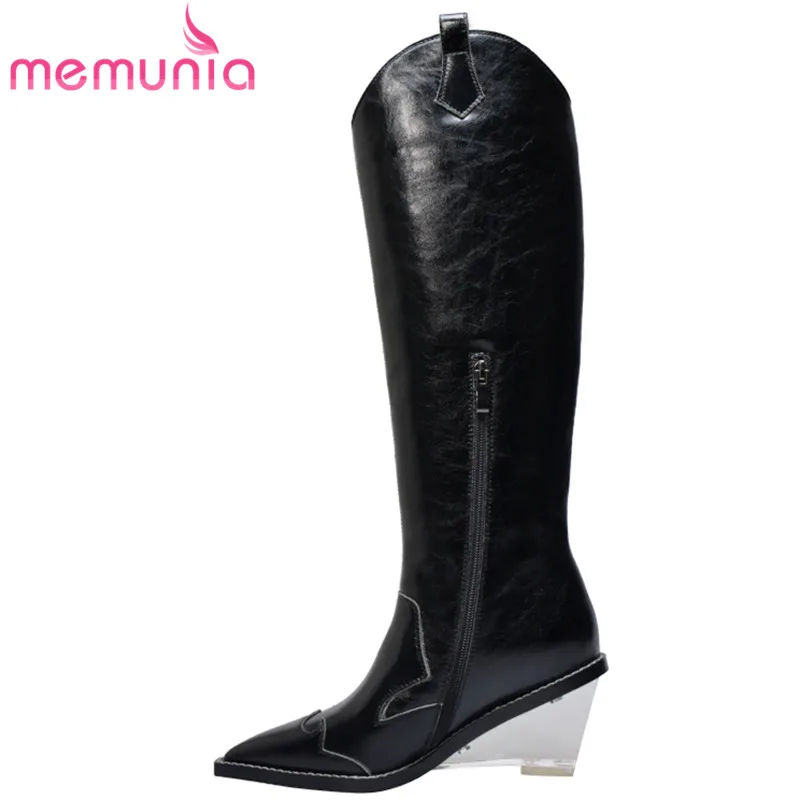 

MEMUNIA 2020 new arrival knee high boots women pointed toe genuine leather wedges shoes zip autumn winter Chelsea boots ladies