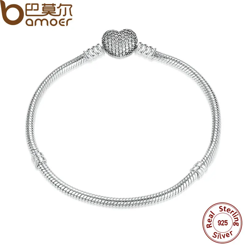 

BAMOER Authentic 925 Sterling Silver Love Heart Chain Snake Bracelet & Bangle 17CM 18CM 19CM 20CM Jewelry PAS906