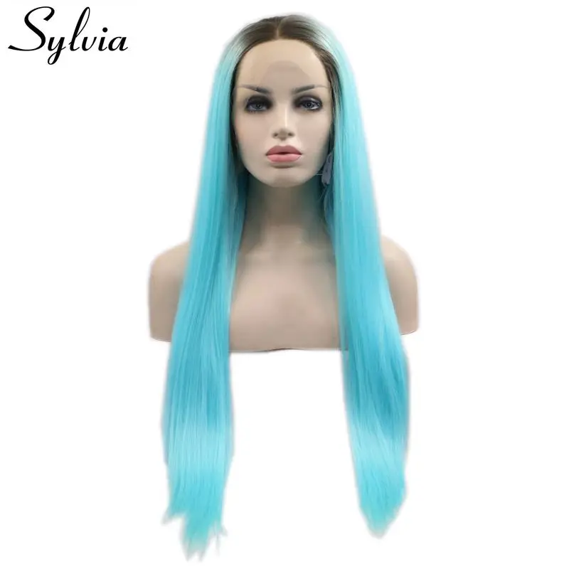 Sylvia highlight ombre blue dark root silky straight synthetic lace
