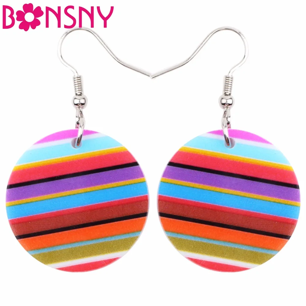 

Bonsny Rainbow Stripe Pattern Acrylic Bohemian Drop Hoop Dangle Round Long Earrings For Women Fashion Jewelry 2017 New Bijoux