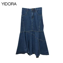 Модные женские туфли Высокая Талия Джинсовая юбка миди Особенности подолом "Русалка"-осень дамы/женские Однотонные голубые Цвет Асимметричная джинсовая юбка