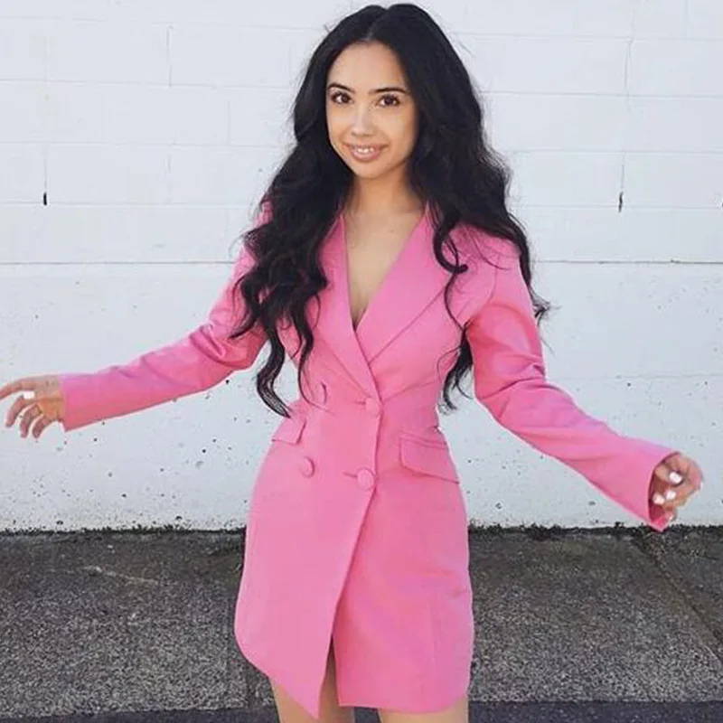 

fashion pink blazer midi dress Woman vestidos Long Sleeve Lapel Double Row Buckle sexy bodycon elbise casual ladies dresses