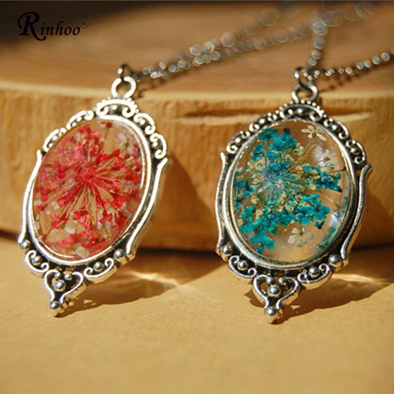 

Retro Silver Handmade Natural Real Dried Flower Resin Glass Raised Oval Pendant Chain Necklace For Womens Mother Jewelry Gift