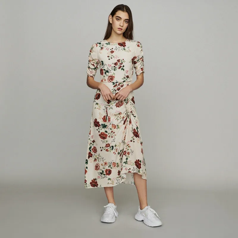 

2019 New Women's Dress Rose Flower Print Irregular Slim Fit Short Sleeve Long Dress