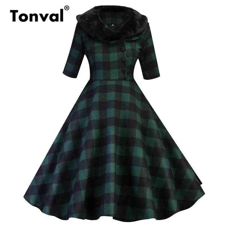 Miglior Tonval Collo di Pelliccia di Inverno Percalle Verde Delle Donne Del Vestito Dell annata Pulsante Up Mezza Manica Autunno Elegante Plaid Retro Una Linea di Abiti