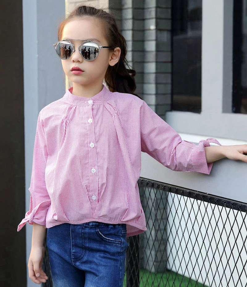 

Kids Girls Striped T-shirts Long Sleeve 2019 New Arrival Children Pink White Blue Cotton Tops For 3-10Yrs Girls Clothes GT83