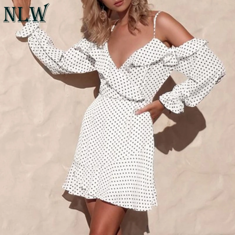 

NLW V Neck Sexy Short Women Dress Casual Beach Dress Long Sleeve Vintage Polka Dot Party Dress Vestidos