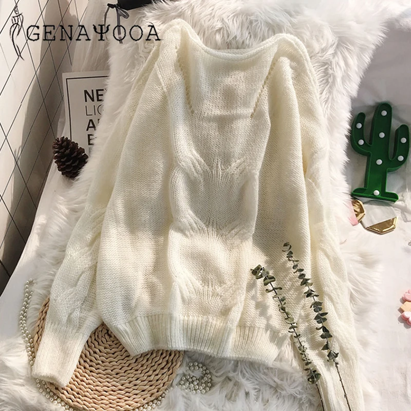 Genayooa Loose Autumn Knitting Sweater Pullovers Women Long Sleeve Ladies Sexy Jumpers Soft Hollow Out Sweater Woman Winter