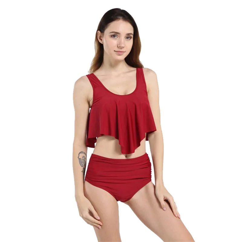 S-3XL Flounced Bikini Solid Color High Waist Swimsuit Women Swimwear Ladies Plus Size Bathing Suits Two Piece 2019 New Swim Set