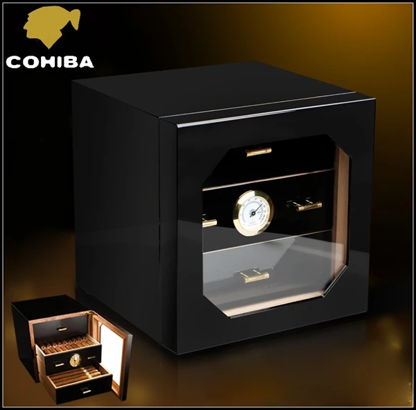 

COHIBA Black High Glossy Piano Finish Cedar Wood Cigar Cabinet Humidor with 3 Drawers Hygrometer and Humidifier