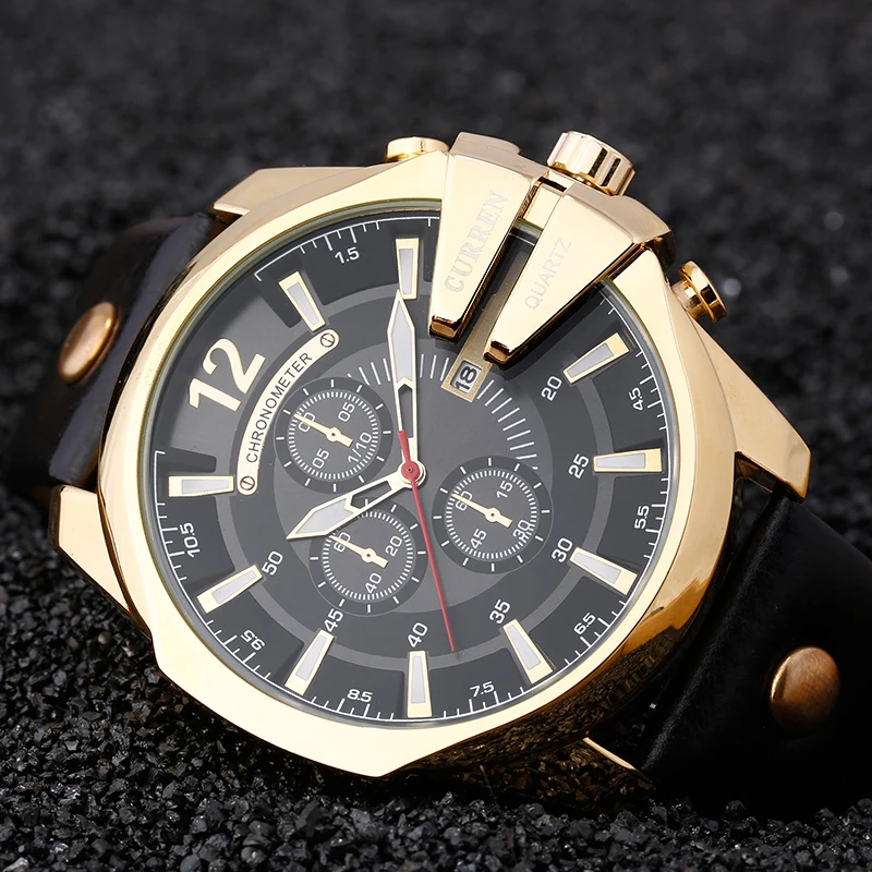 Curren 8176, мужские часы, Топ бренд, роскошные золотые мужские часы, модные, кожаный ремешок, для улицы, повседневные, спортивные, наручные часы с большим циферблатом - Цвет: black black gold