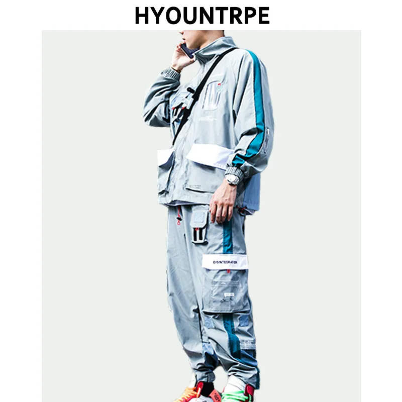 

2 Pieces Sets Men Fashion Cargo Zipper Military Jacket With Pockets Tracksuits And Drawstring Elastic Waist Pants Hip Hop Set