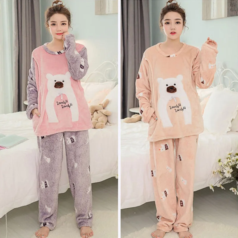 

Long Sleeve Cartoon Bear Thick Flannel Maternity Clothing Pajamas Sets Breast-Feeding Home Wear Nightwear Factory Price