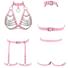 Розовый бюстгальтер на бретельках, кожа размера плюс, Женский танцевальный рейв-одежда, ремень с подвязками, металлическая цепочка, пояс для тела, набор для связывания, сексуальный топ, юбка