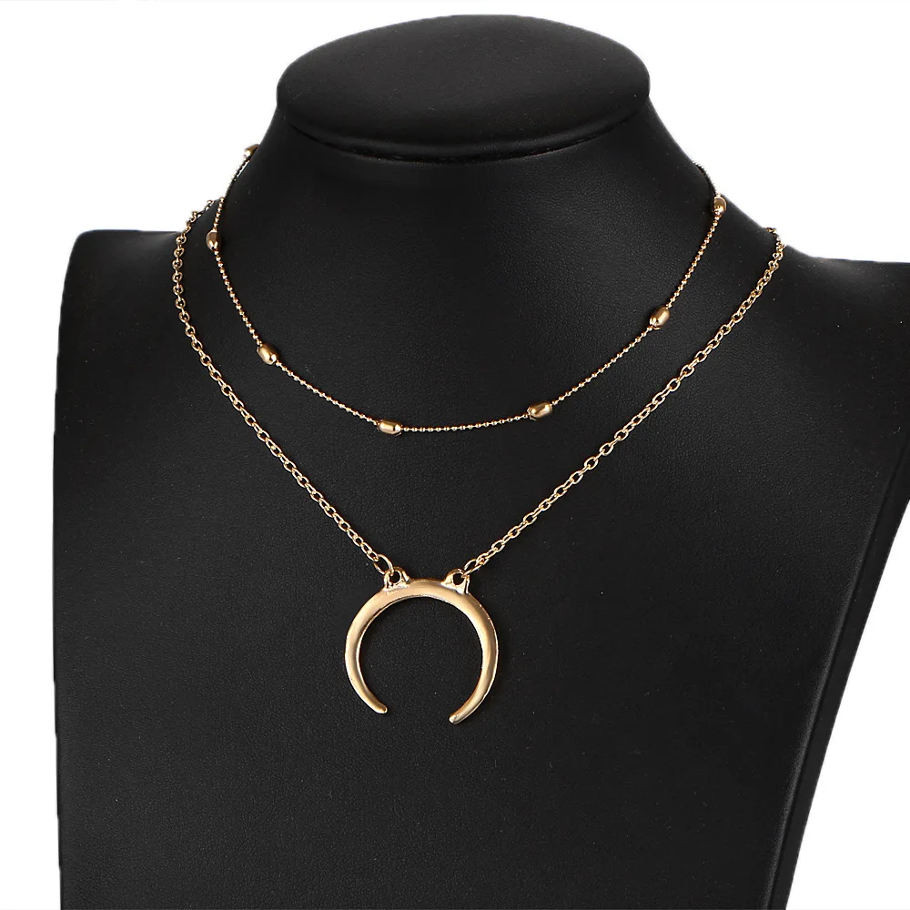 

Moon Necklaces For Women Double Layer Clavicle Chains Necklace Gold Silver Color Crescent Pendant Beads Charm Chokers Jewelry