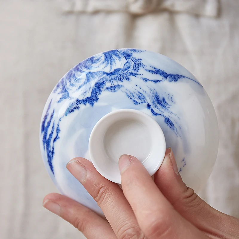 220 мл Цзиндэчжэнь фарфоровая чайная чаша синий и белый фарфор Tureen ручная роспись горная вода узор Gaiwan чайная чашка чайная посуда